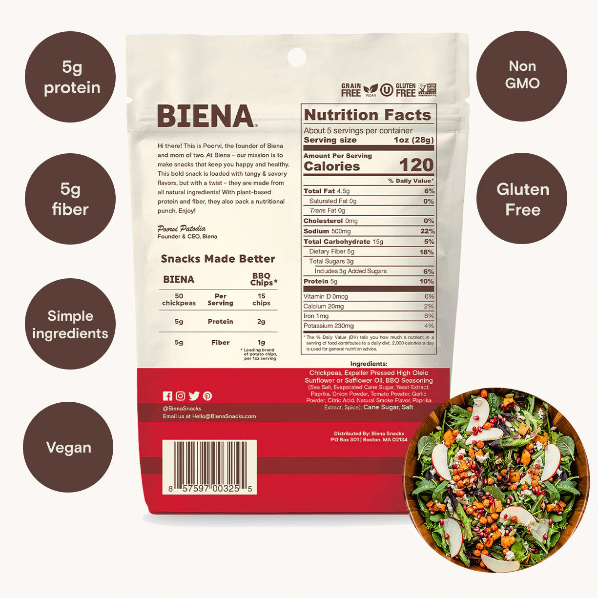 Biena Snacks - Barbeque Roasted Chickpea Snacks (5 oz)