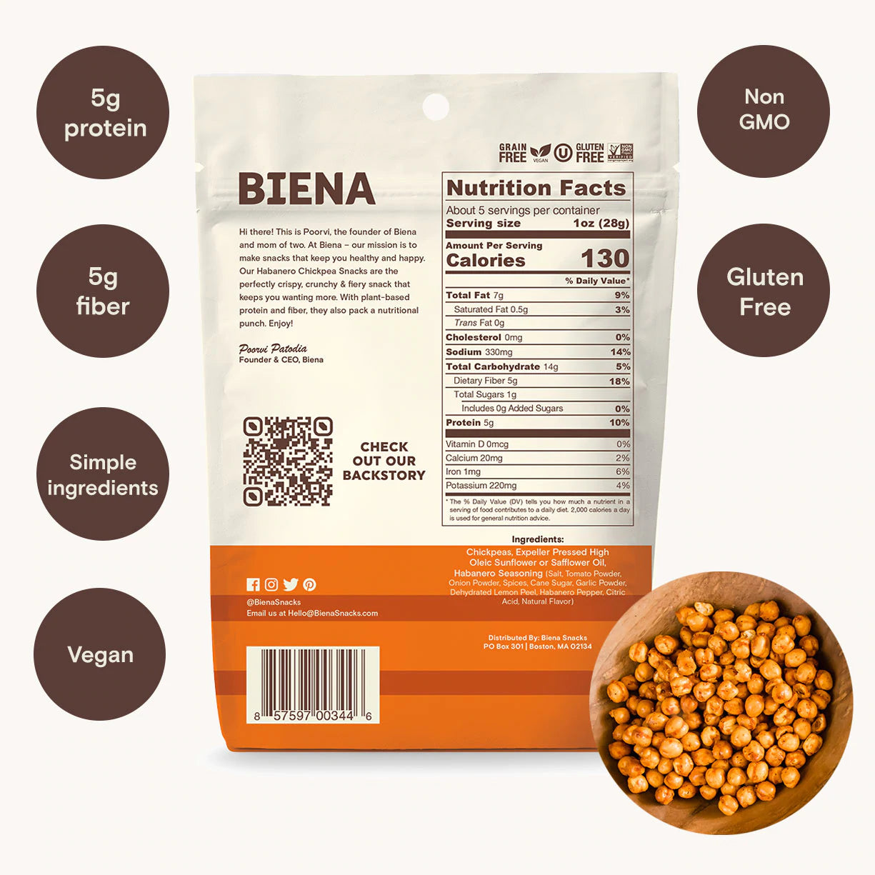Biena Snacks - Habanero Roasted Chickpea Snacks (5 oz)