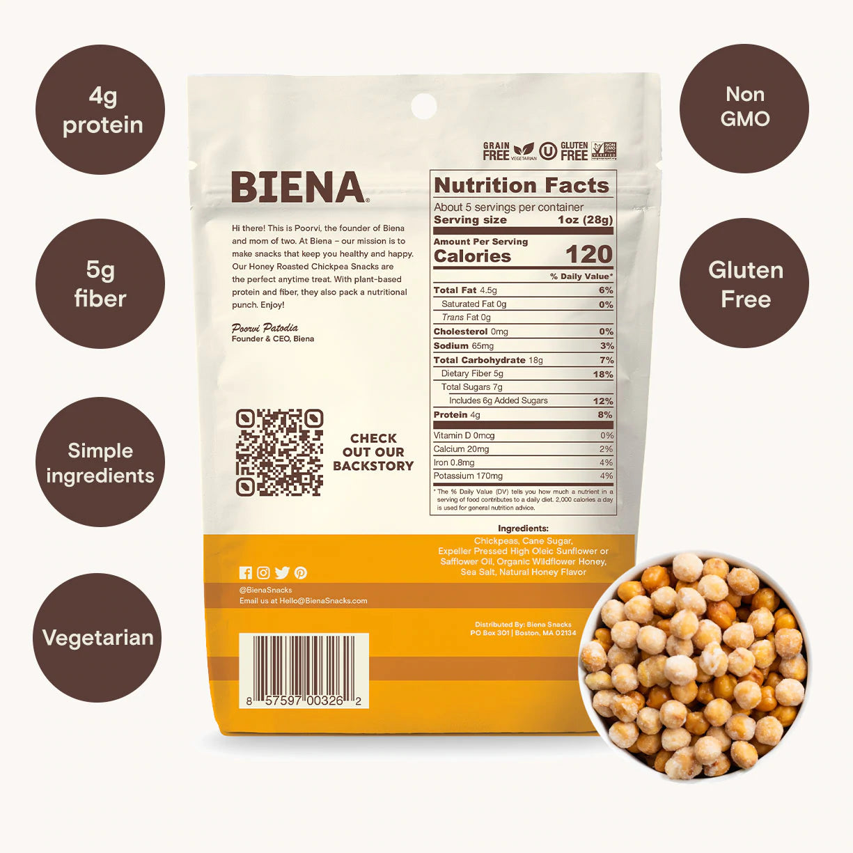 Biena Snacks - Honey Roasted Chickpea Snacks (5 oz)