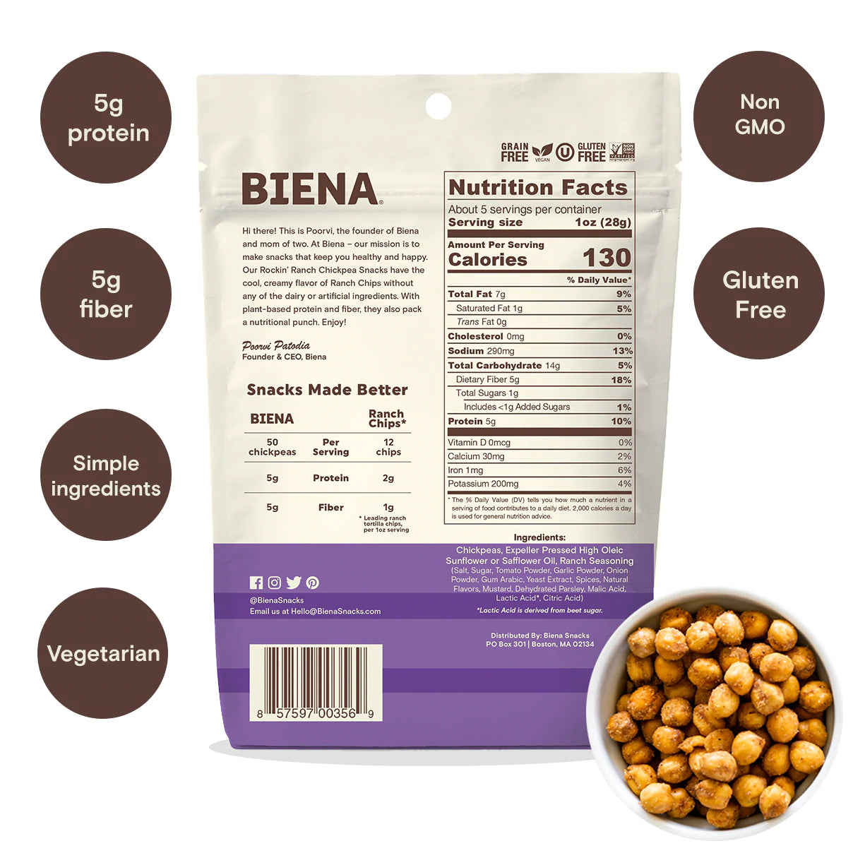 Biena Snacks - Rockin' Ranch Roasted Chickpea Snacks (5 oz)