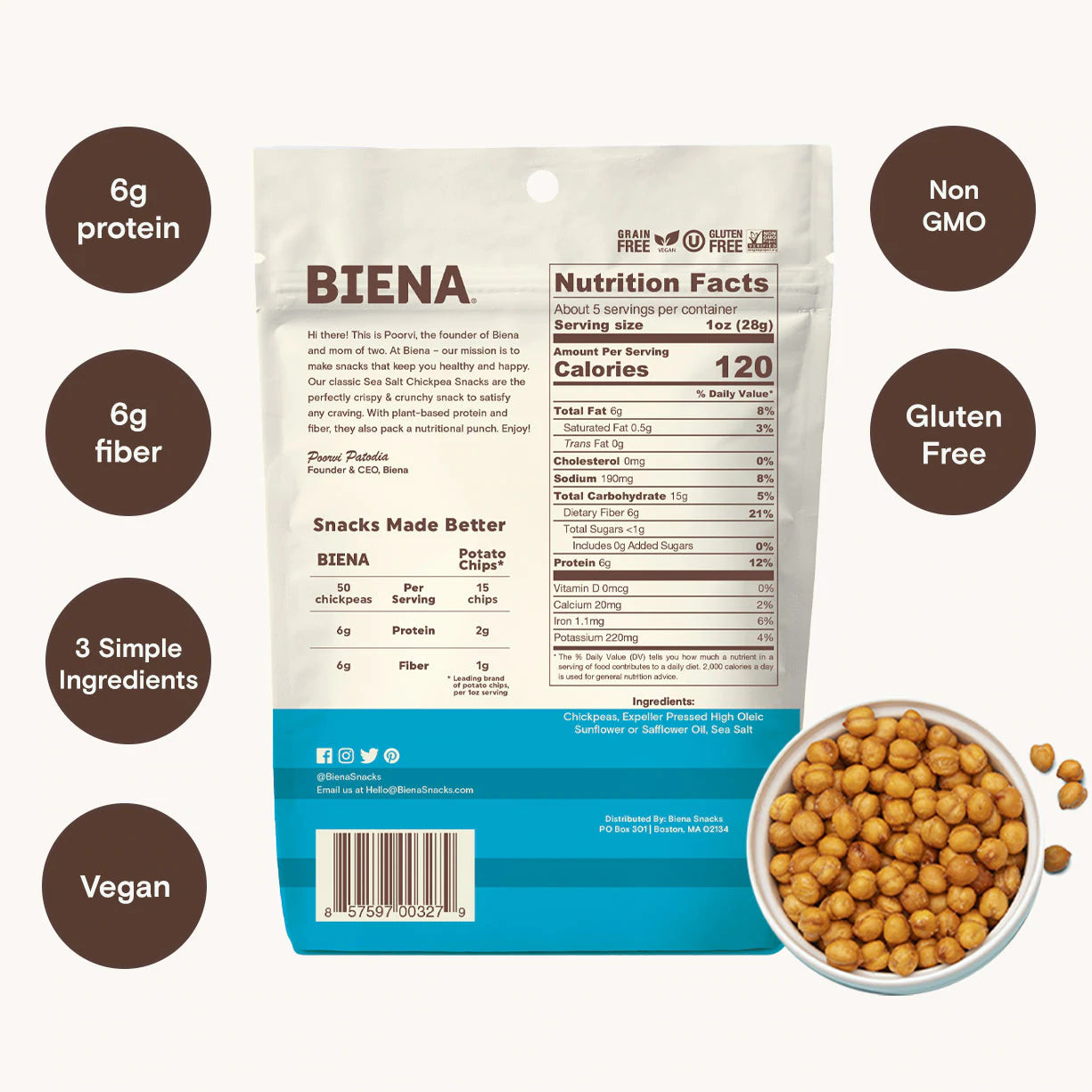 Biena Snacks - Sea Salt Roasted Chickpea Snacks (5 oz)